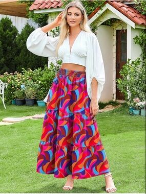 NWOT Women’s Multicolor Swirl Print High Waist Maxi Skirt w/Pockets Size Small